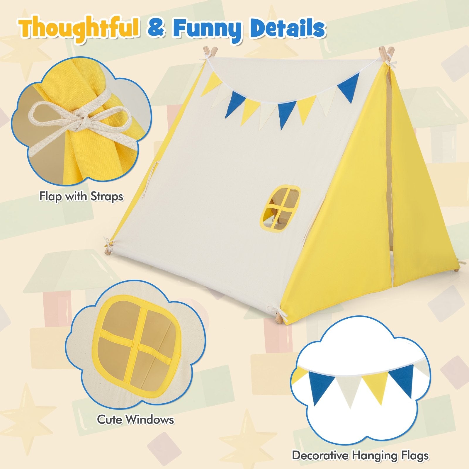 Kids Play Tent with Solid Wood Frame Holiday Birthday Gift & Toy for Boys & Girls, Yellow Play Tents & Playhouse   at Gallery Canada