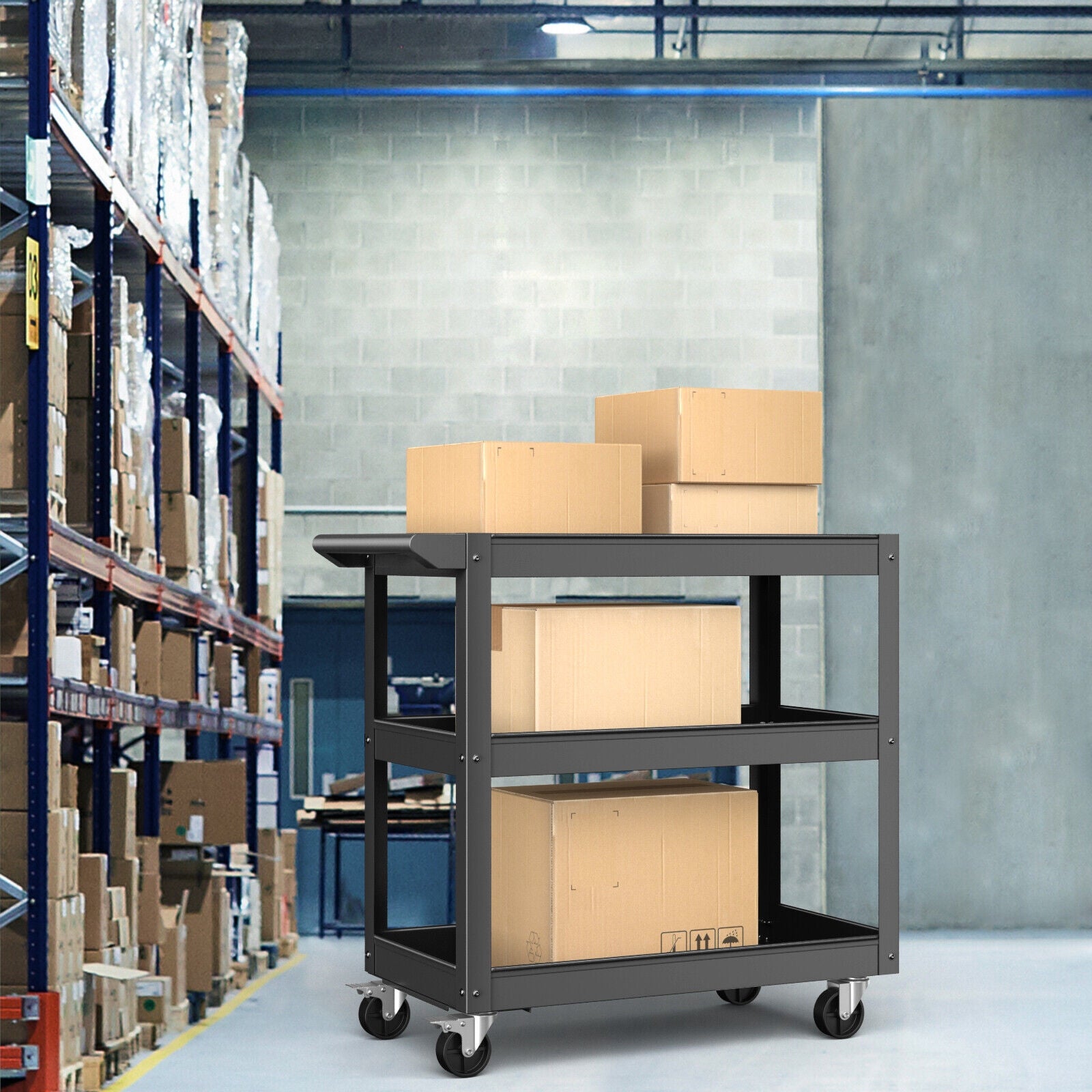 3-Tier Metal Utility Cart Trolley Tool with Flat Handle and 2 Lockable Universal Wheels, Black Garages at Gallery Canada