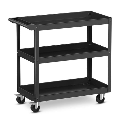 3-Tier Metal Utility Cart Trolley Tool with Flat Handle and 2 Lockable Universal Wheels, Black
