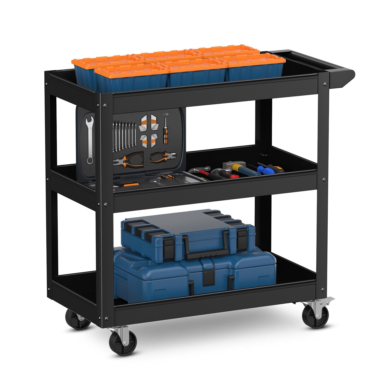 3-Tier Metal Utility Cart Trolley Tool with Flat Handle and 2 Lockable Universal Wheels, Black Garages at Gallery Canada