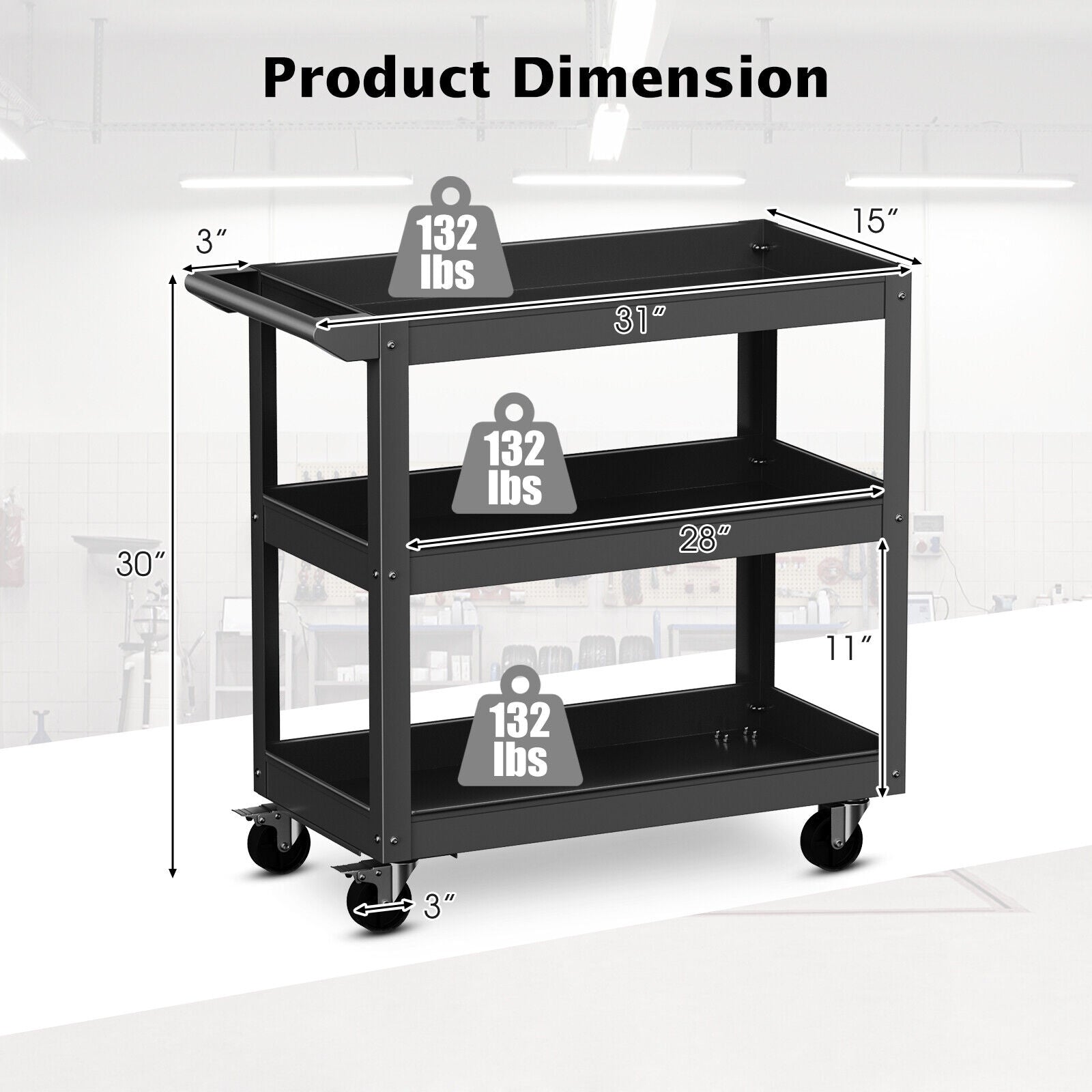 3-Tier Metal Utility Cart Trolley Tool with Flat Handle and 2 Lockable Universal Wheels, Black Garages at Gallery Canada