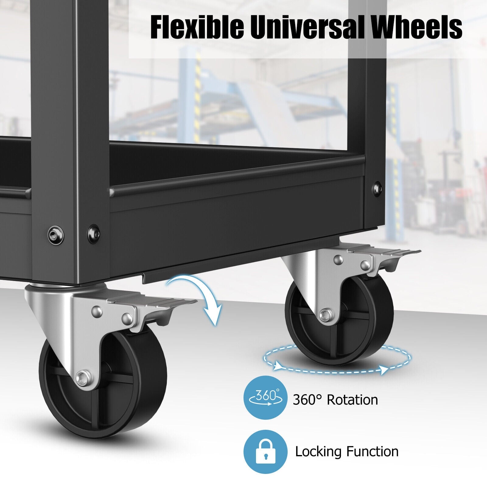 3-Tier Metal Utility Cart Trolley Tool with Flat Handle and 2 Lockable Universal Wheels, Black Garages at Gallery Canada