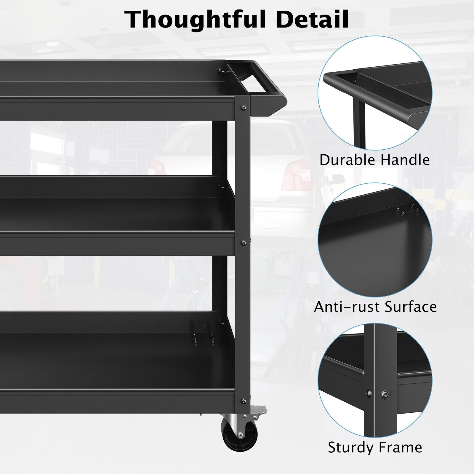 3-Tier Metal Utility Cart Trolley Tool with Flat Handle and 2 Lockable Universal Wheels, Black Garages at Gallery Canada