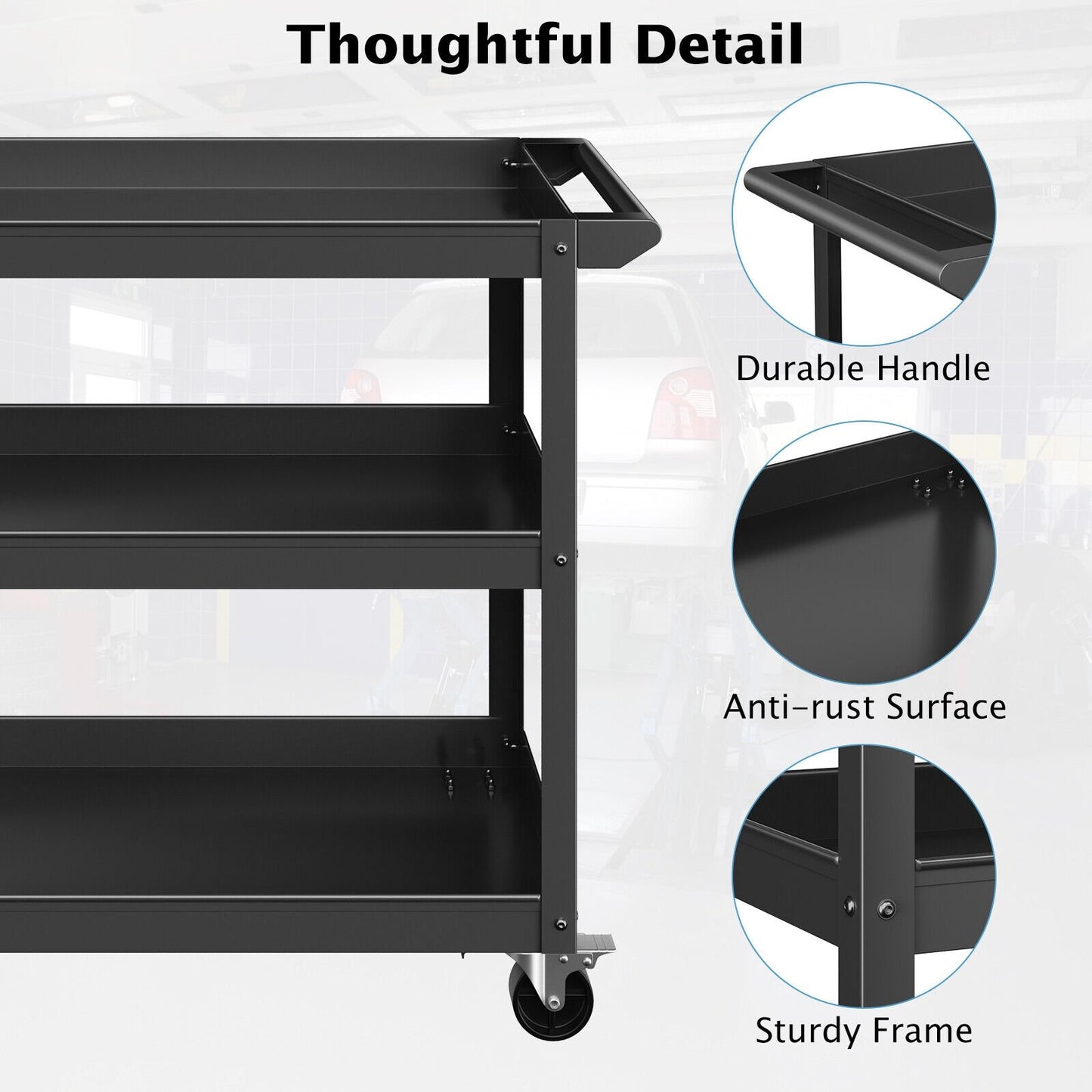 3-Tier Metal Utility Cart Trolley Tool with Flat Handle and 2 Lockable Universal Wheels, Black Garages   at Gallery Canada