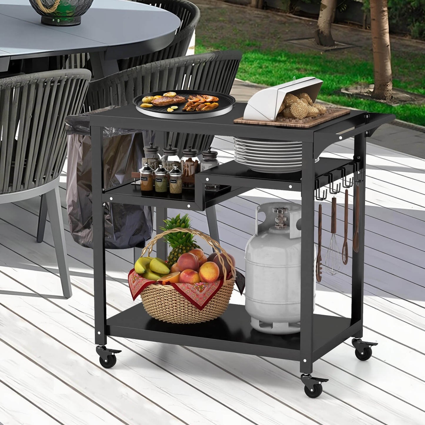 Rolling Grill Cart 3-Shelf BBQ Cart with Hooks and Side Handle, Black - Gallery Canada