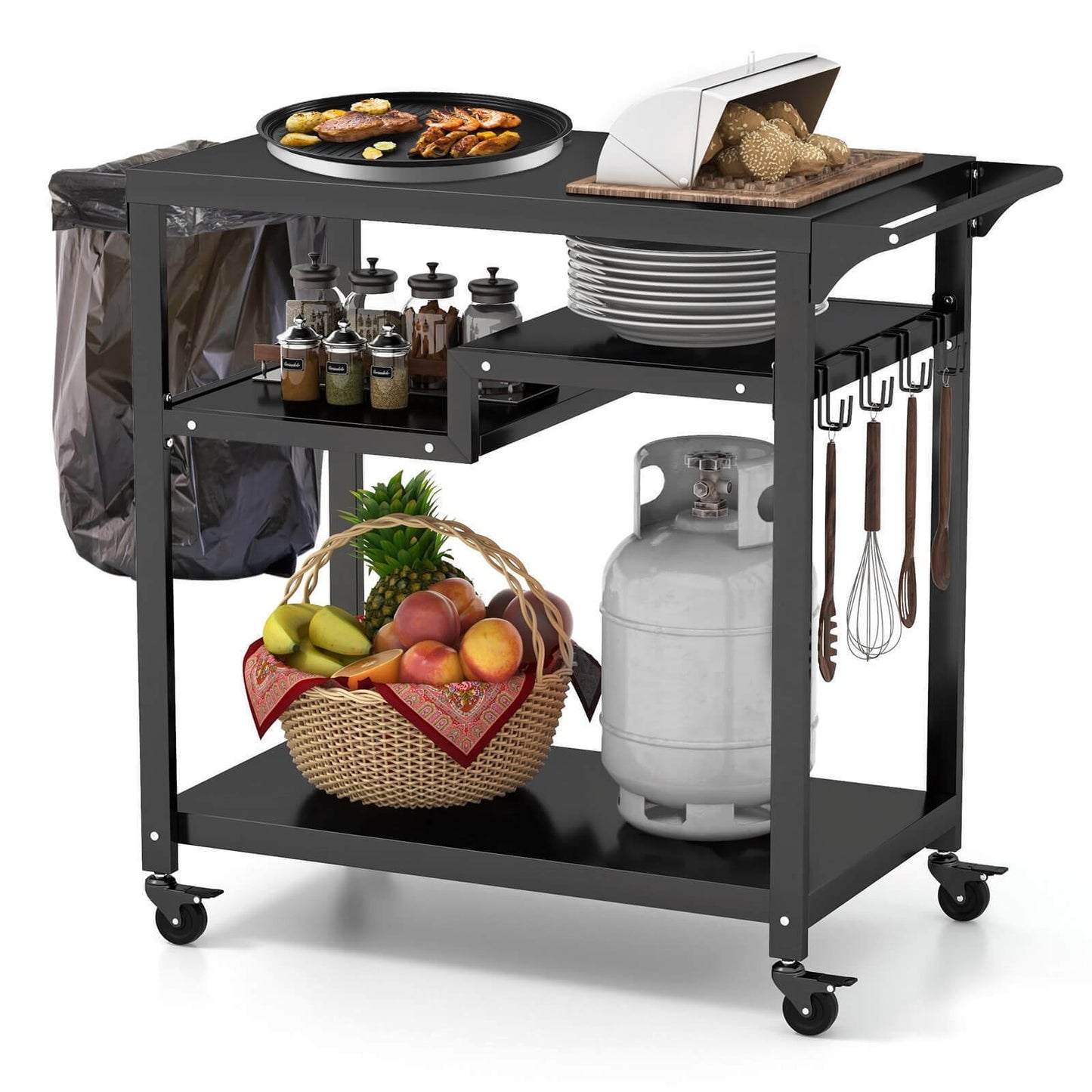 Rolling Grill Cart 3-Shelf BBQ Cart with Hooks and Side Handle, Black Outdoor Grills   at Gallery Canada