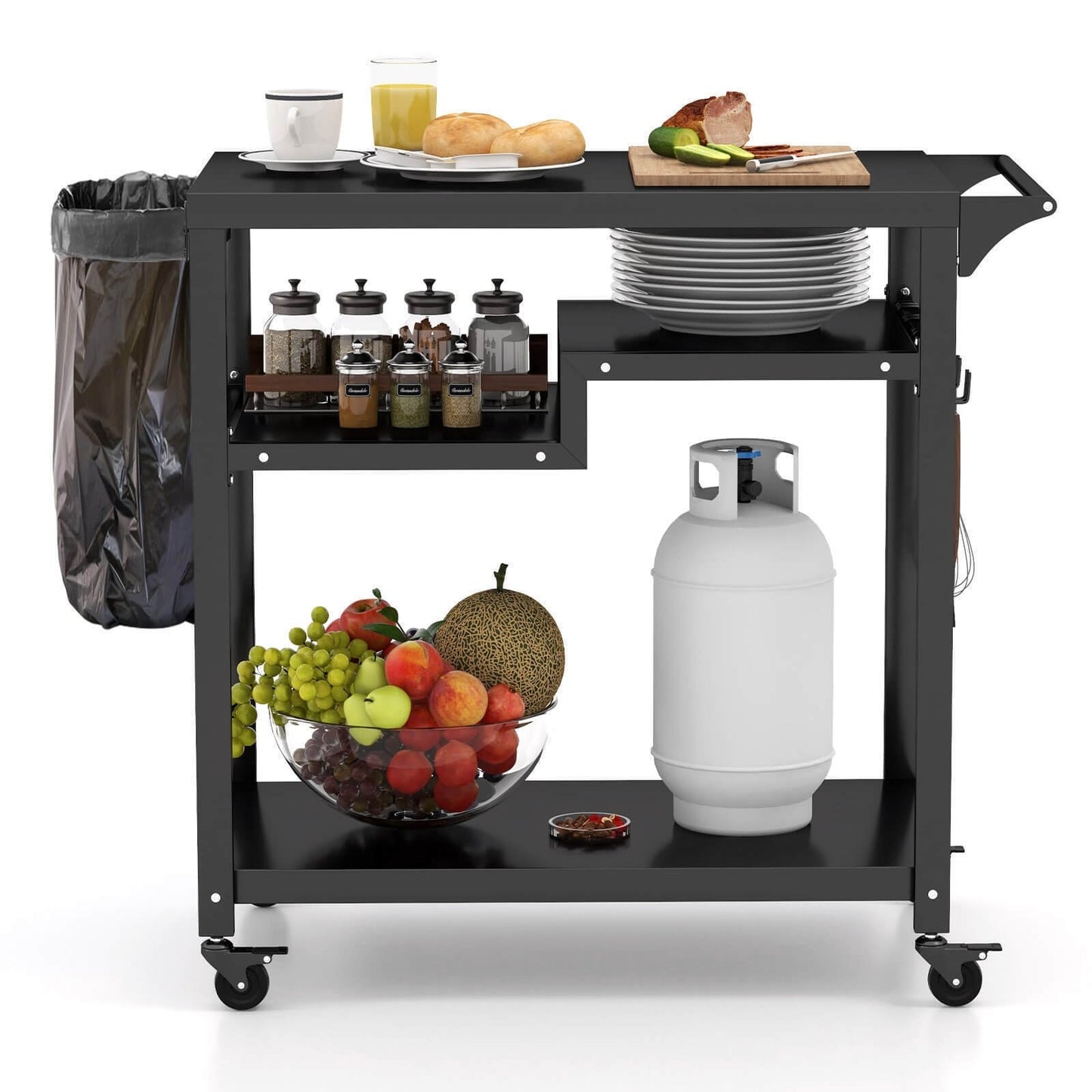 Rolling Grill Cart 3-Shelf BBQ Cart with Hooks and Side Handle, Black - Gallery Canada