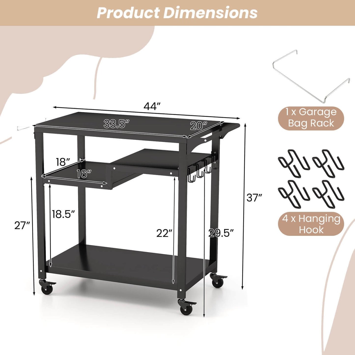 Rolling Grill Cart 3-Shelf BBQ Cart with Hooks and Side Handle, Black Outdoor Grills   at Gallery Canada