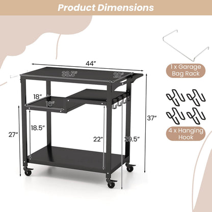 Rolling Grill Cart 3-Shelf BBQ Cart with Hooks and Side Handle, Black - Gallery Canada