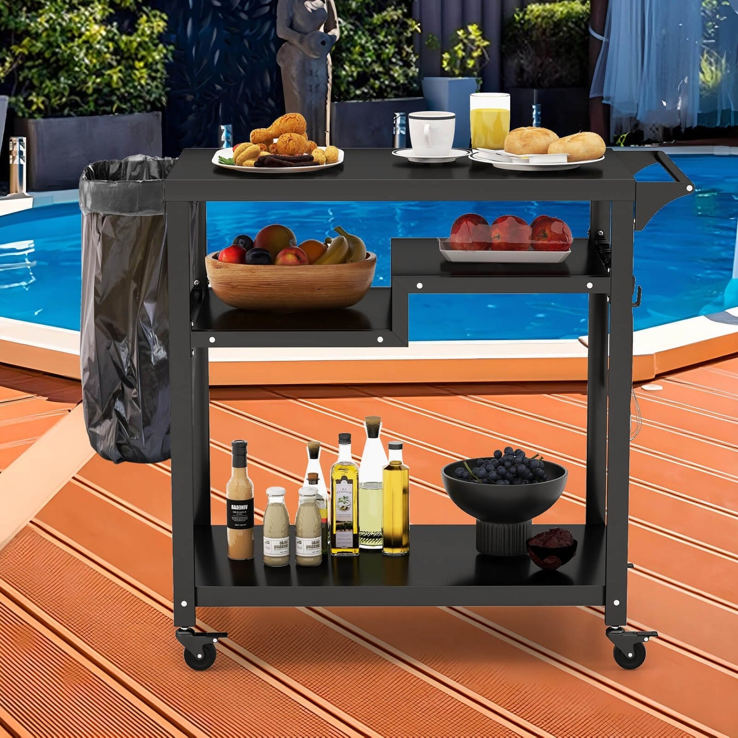 Rolling Grill Cart 3-Shelf BBQ Cart with Hooks and Side Handle, Black - Gallery Canada
