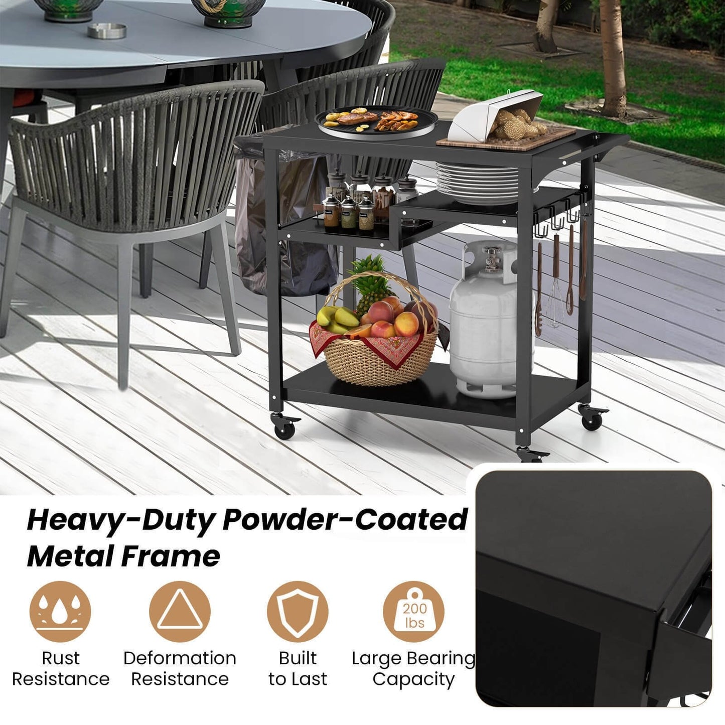 Rolling Grill Cart 3-Shelf BBQ Cart with Hooks and Side Handle, Black Outdoor Grills   at Gallery Canada