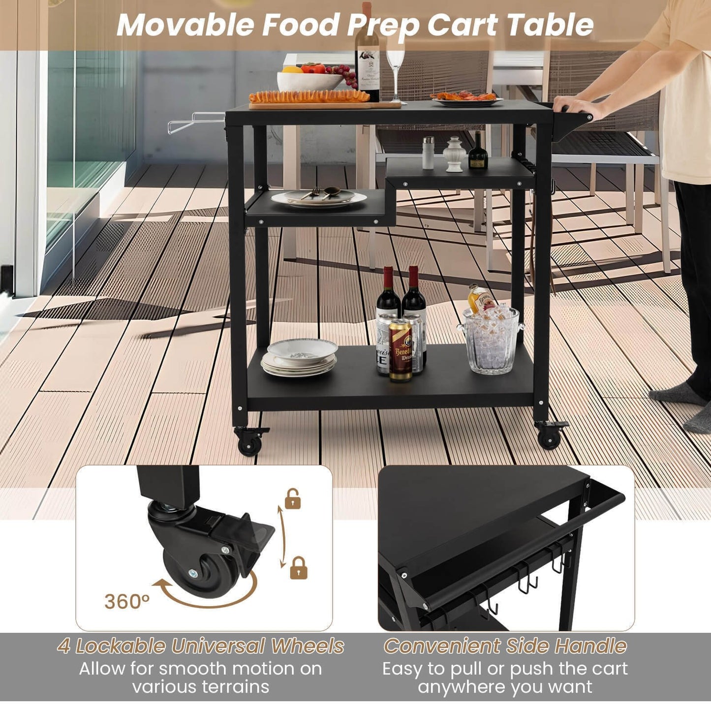 Rolling Grill Cart 3-Shelf BBQ Cart with Hooks and Side Handle, Black Outdoor Grills   at Gallery Canada