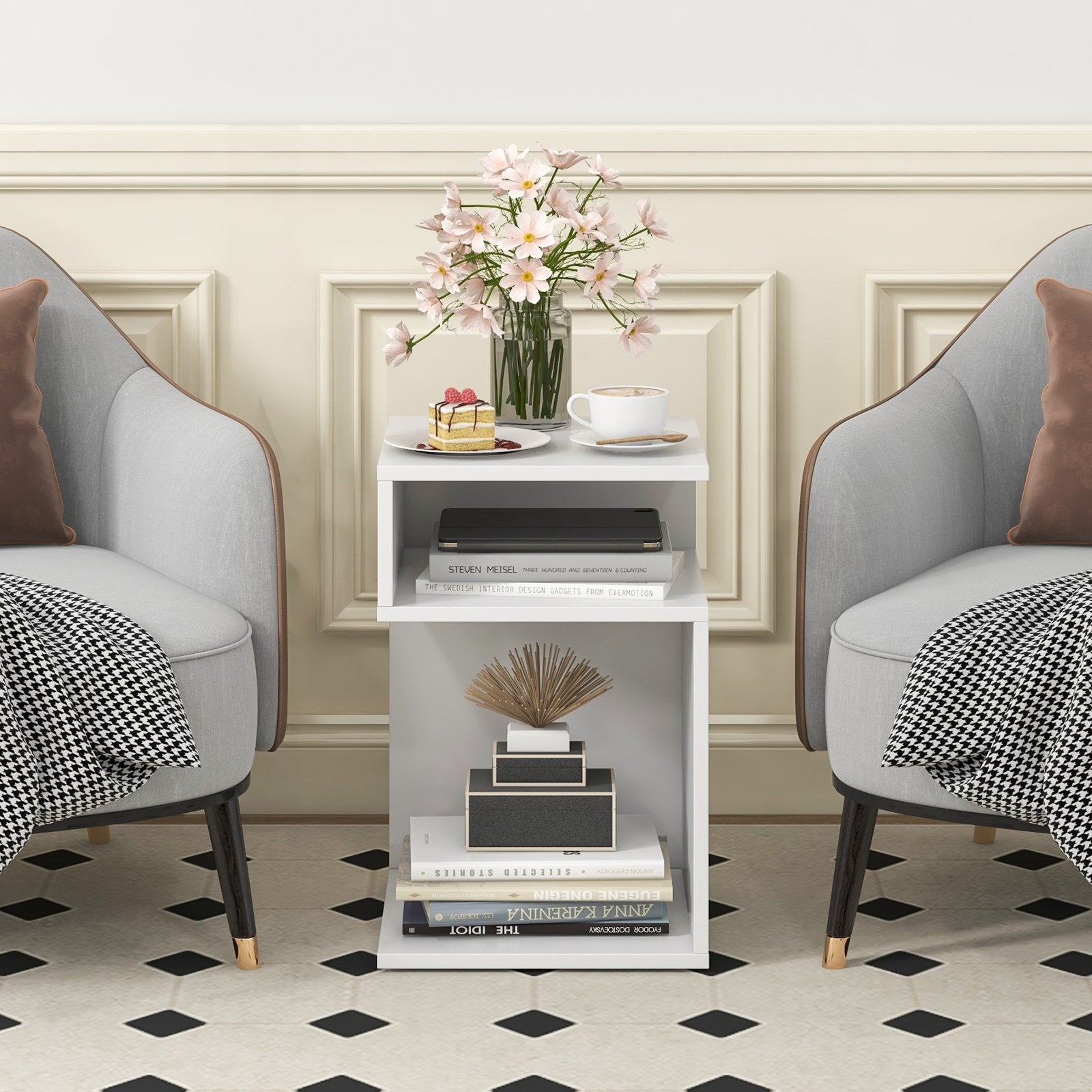 S-Shaped Side Table with Unique S-shaped Frame and 2 Open Compartments, White Nightstands at Gallery Canada
