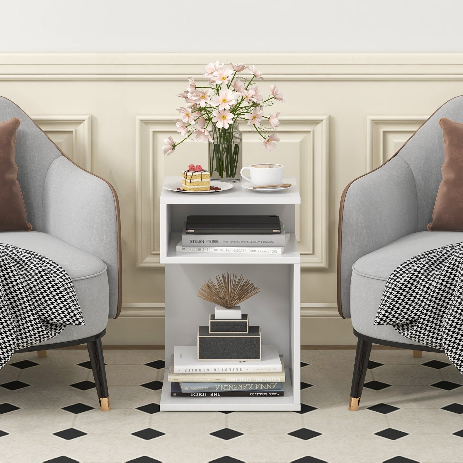 S-Shaped Side Table with Unique S-shaped Frame and 2 Open Compartments, White Nightstands   at Gallery Canada