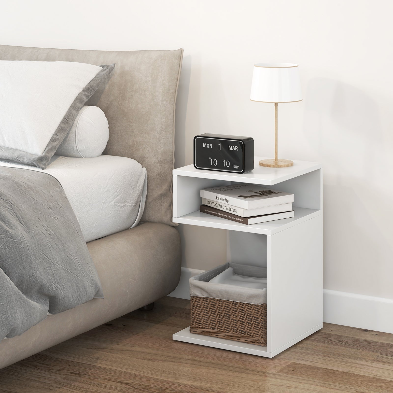S-Shaped Side Table with Unique S-shaped Frame and 2 Open Compartments, White Nightstands at Gallery Canada
