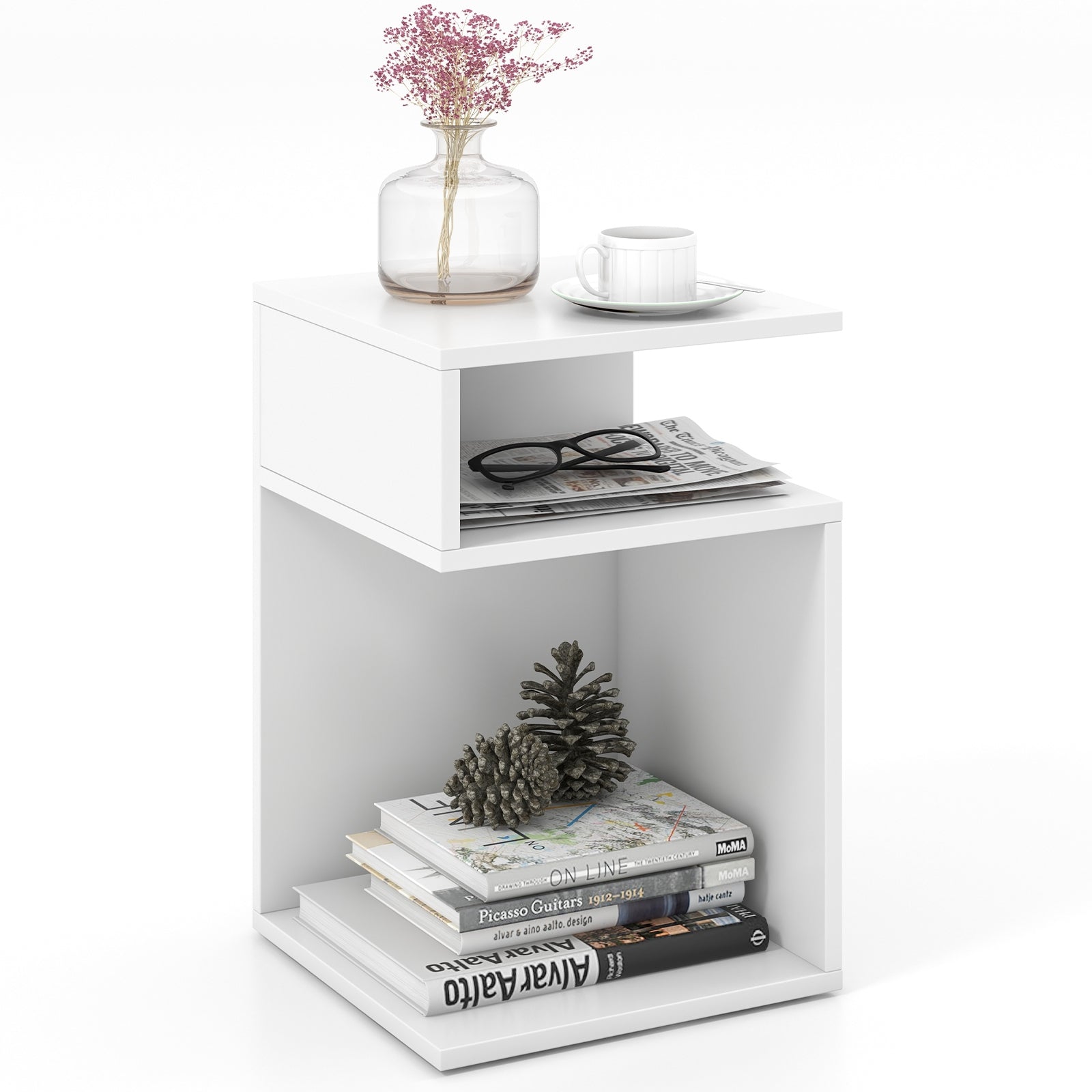 S-Shaped Side Table with Unique S-shaped Frame and 2 Open Compartments, White Nightstands at Gallery Canada