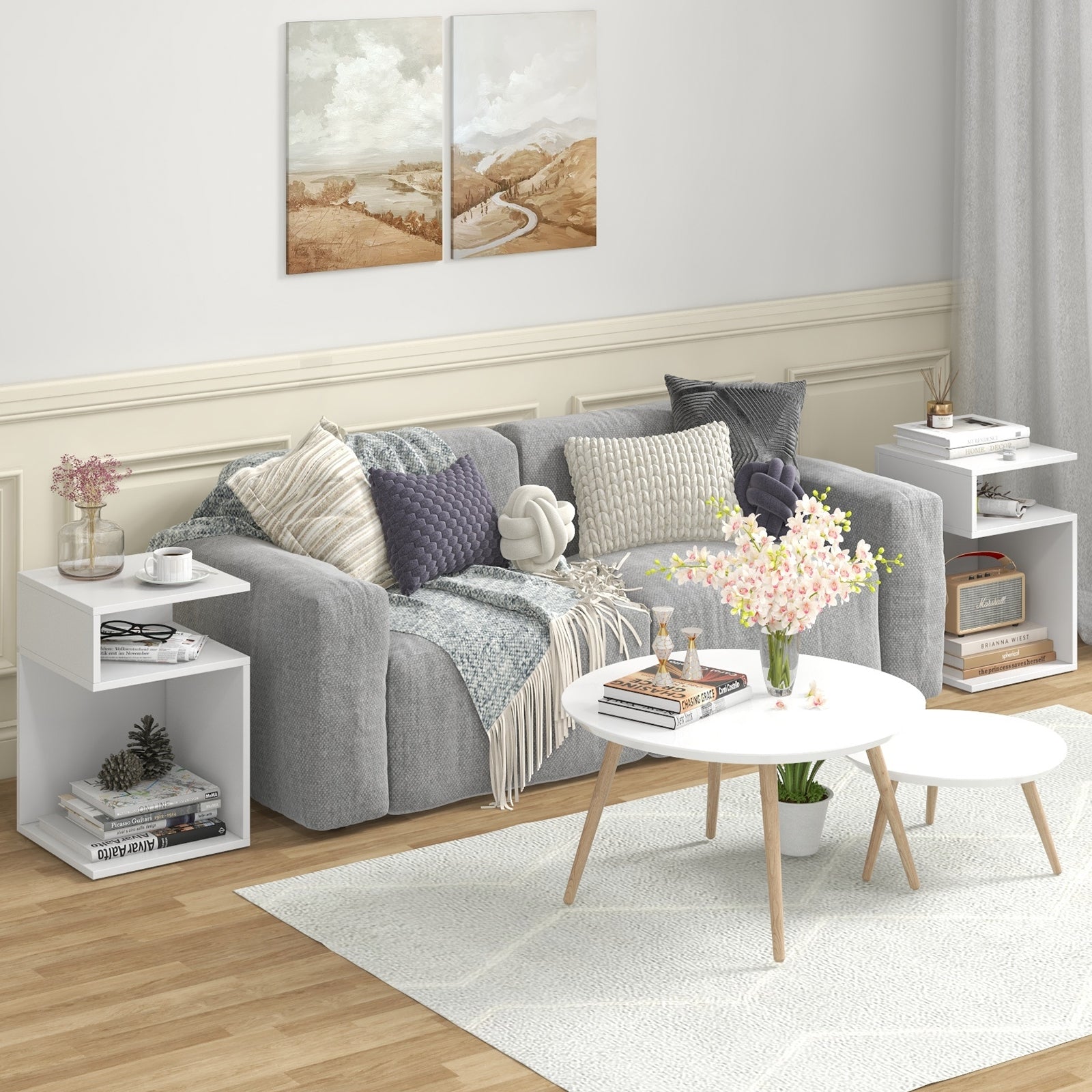 S-Shaped Side Table with Unique S-shaped Frame and 2 Open Compartments, White Nightstands at Gallery Canada