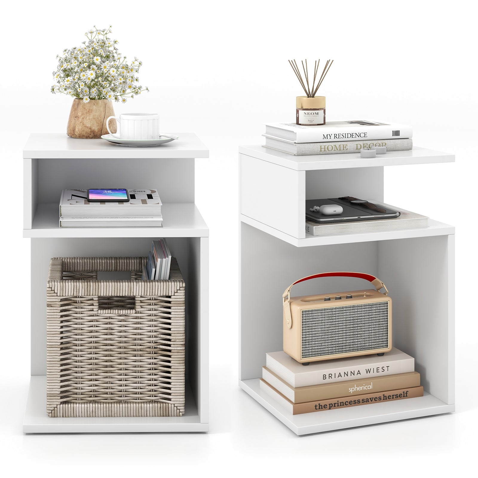 S-Shaped Side Table with Unique S-shaped Frame and 2 Open Compartments, White Nightstands at Gallery Canada