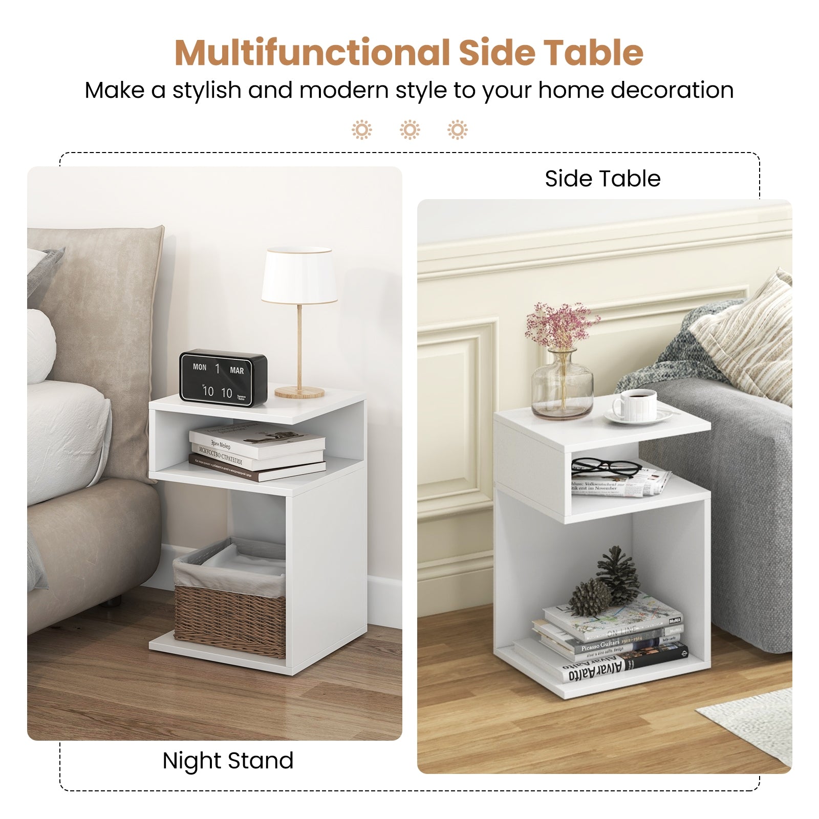 S-Shaped Side Table with Unique S-shaped Frame and 2 Open Compartments, White Nightstands at Gallery Canada