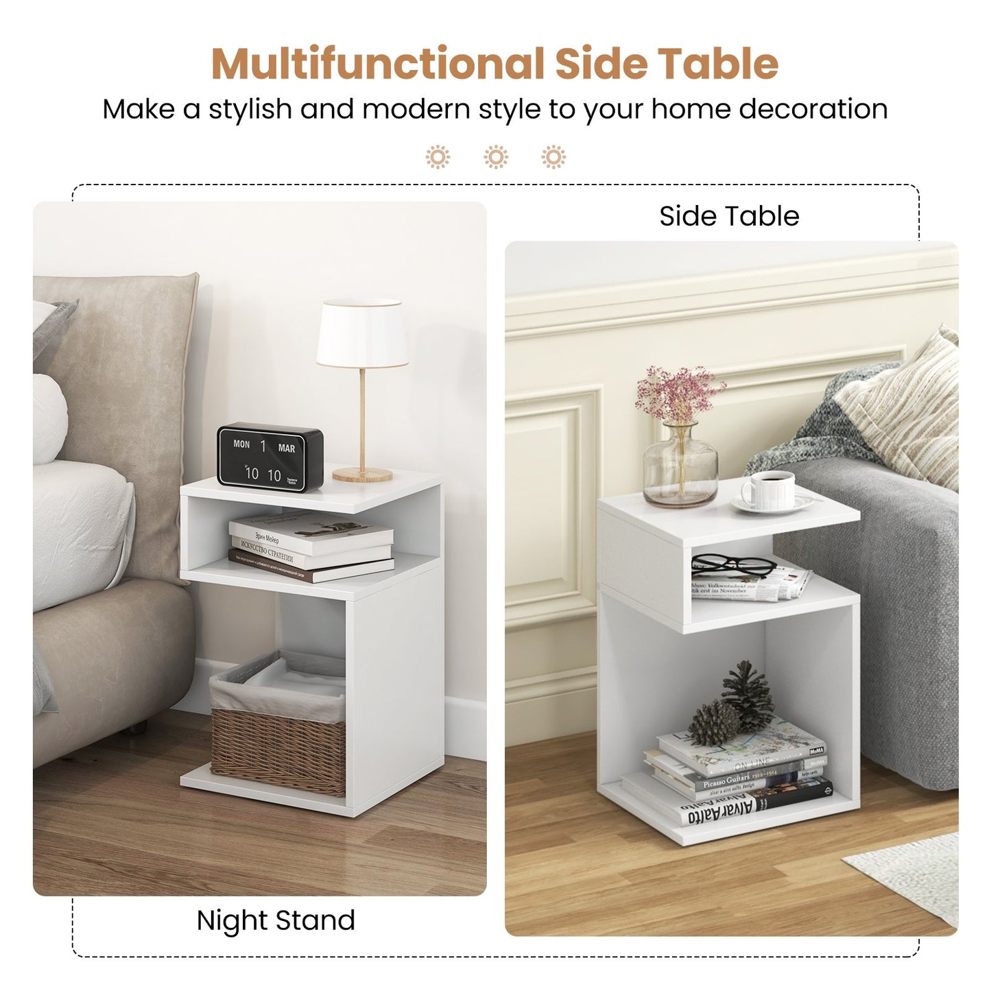 S-Shaped Side Table with Unique S-shaped Frame and 2 Open Compartments, White Nightstands   at Gallery Canada