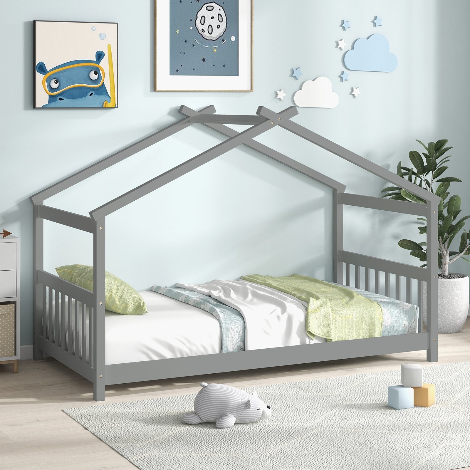 Twin Size Wooden House Bed with Roof, Gray Simple Bed Frame   at Gallery Canada