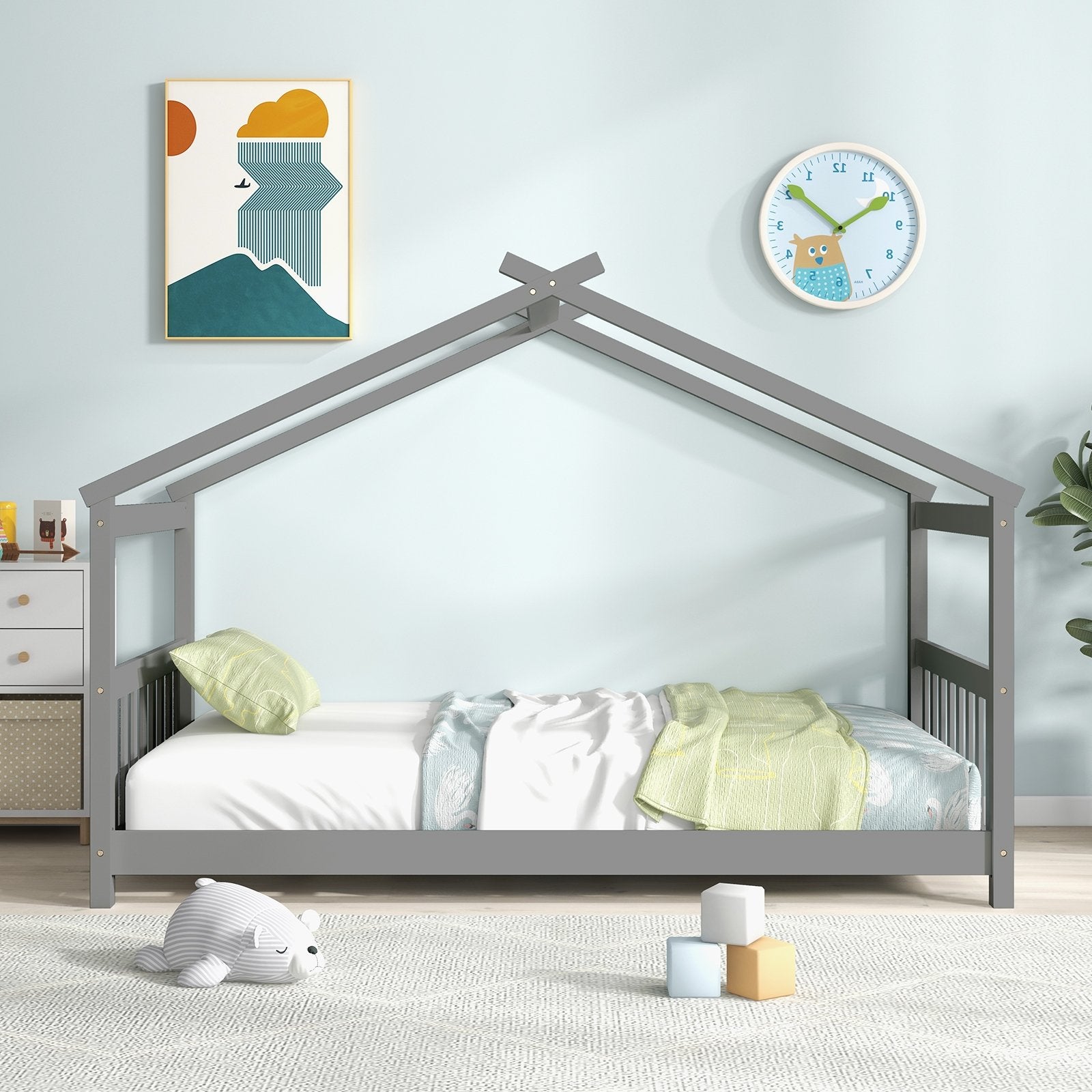 Twin Size Wooden House Bed with Roof, Gray Simple Bed Frame   at Gallery Canada