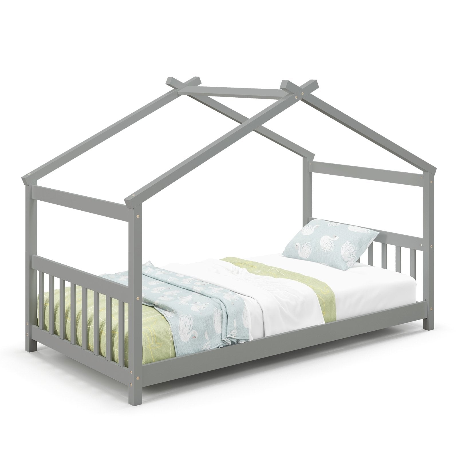 Twin Size Wooden House Bed with Roof, Gray Simple Bed Frame   at Gallery Canada