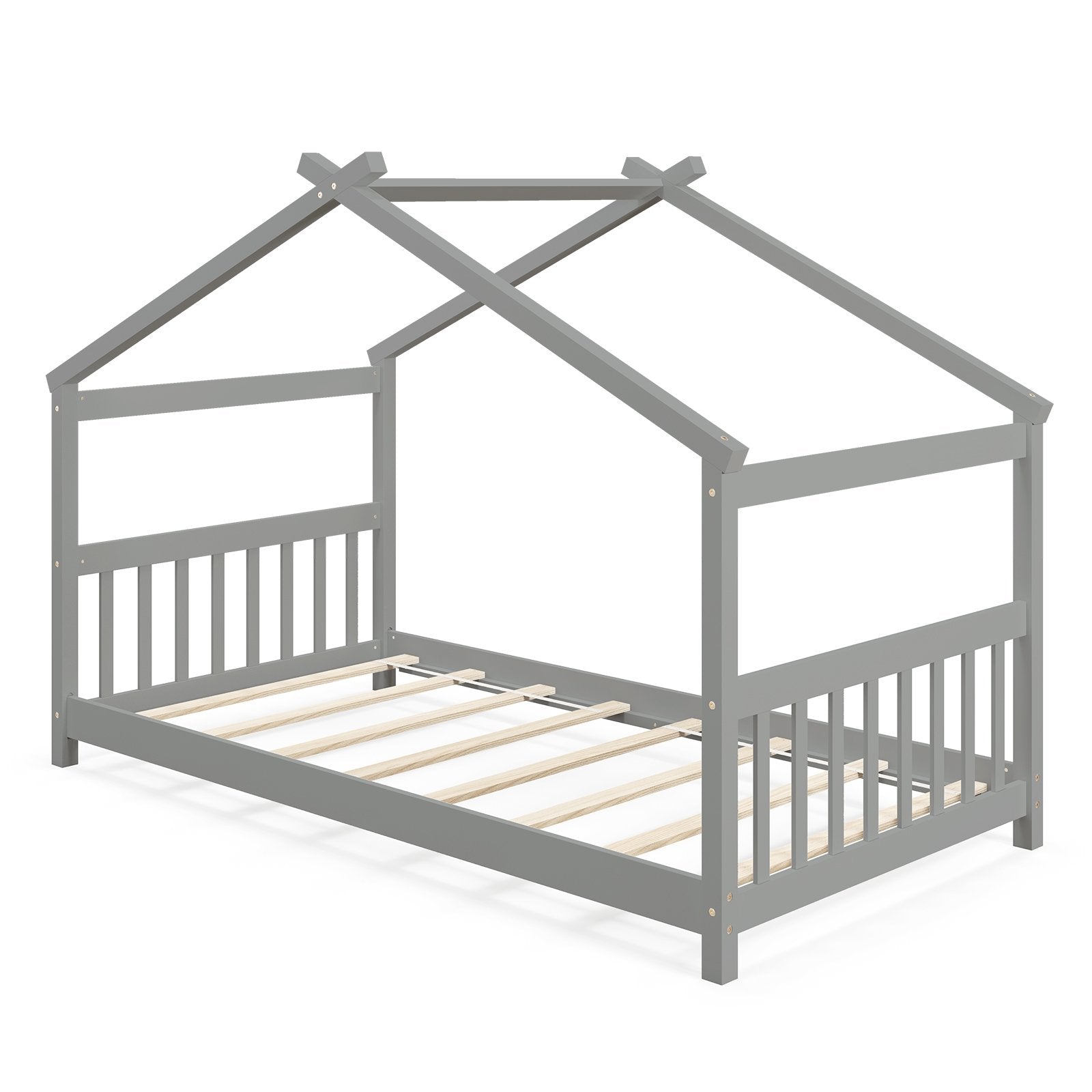 Twin Size Wooden House Bed with Roof, Gray Simple Bed Frame   at Gallery Canada