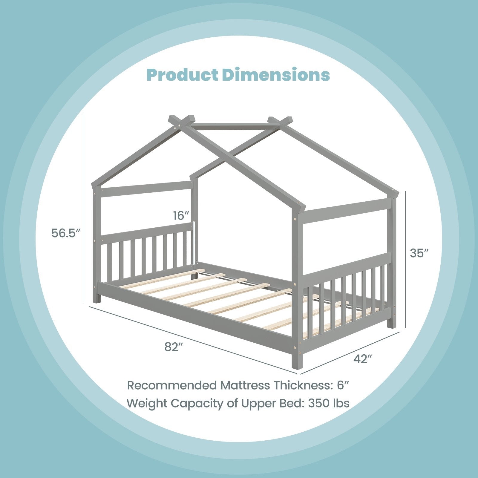 Twin Size Wooden House Bed with Roof, Gray Simple Bed Frame   at Gallery Canada