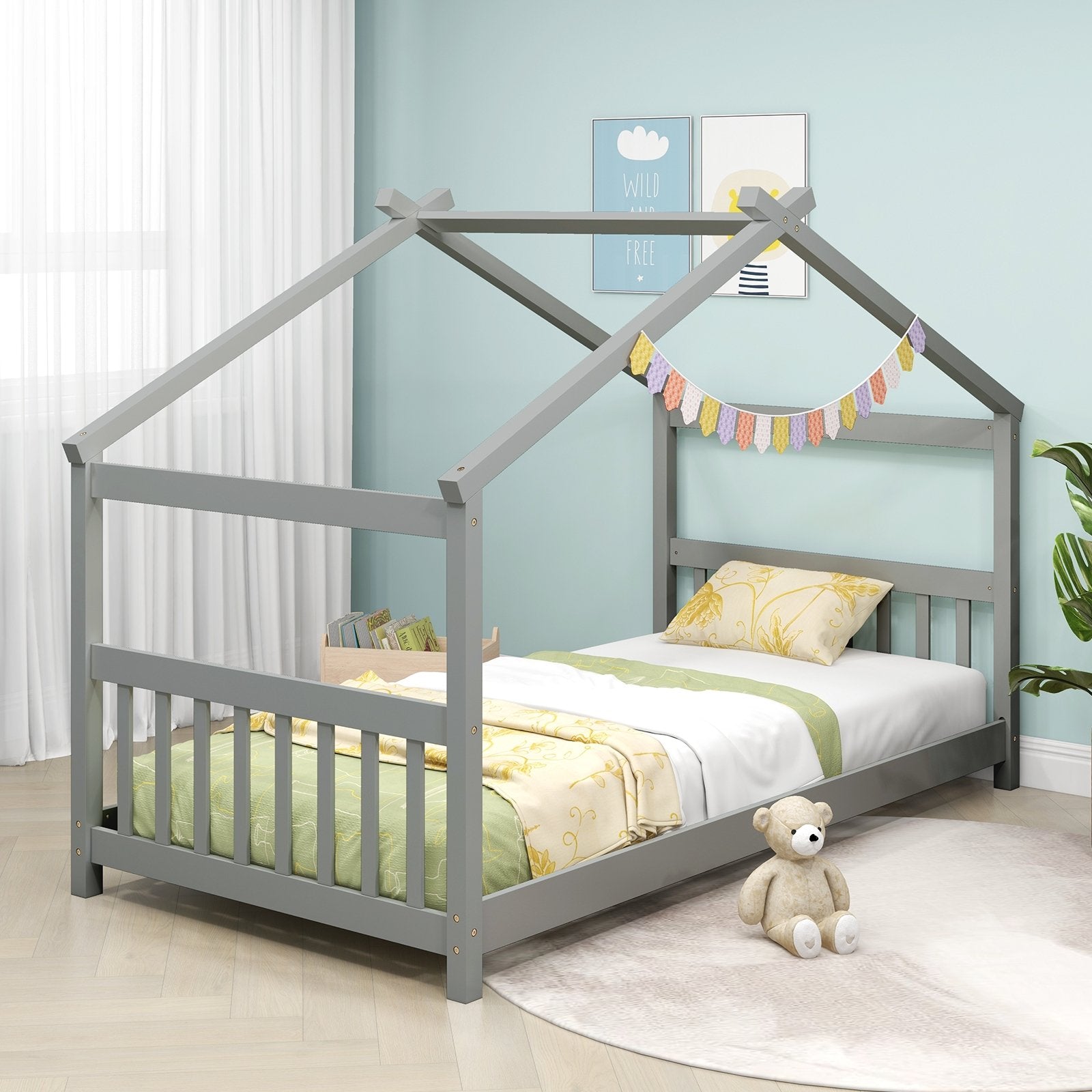 Twin Size Wooden House Bed with Roof, Gray Simple Bed Frame   at Gallery Canada