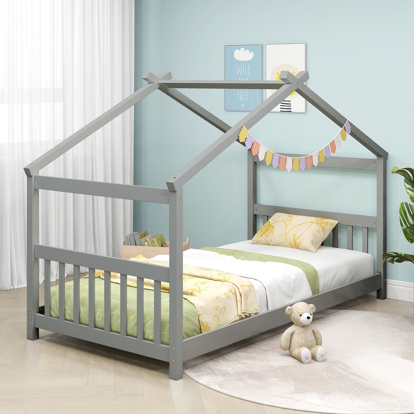 Twin Size Wooden House Bed with Roof, Gray Simple Bed Frame   at Gallery Canada