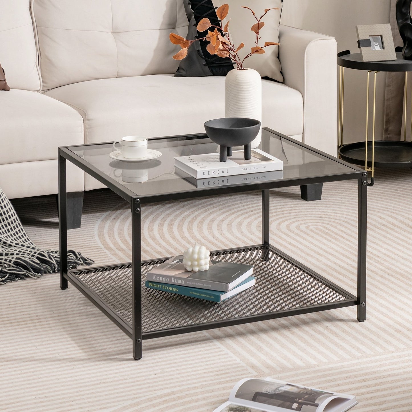 Modern 2-Tier Square Glass Coffee Table with Mesh Shelf, Gray Coffee Tables   at Gallery Canada