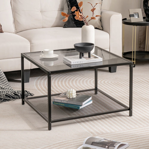 Modern 2-Tier Square Glass Coffee Table with Mesh Shelf, Gray