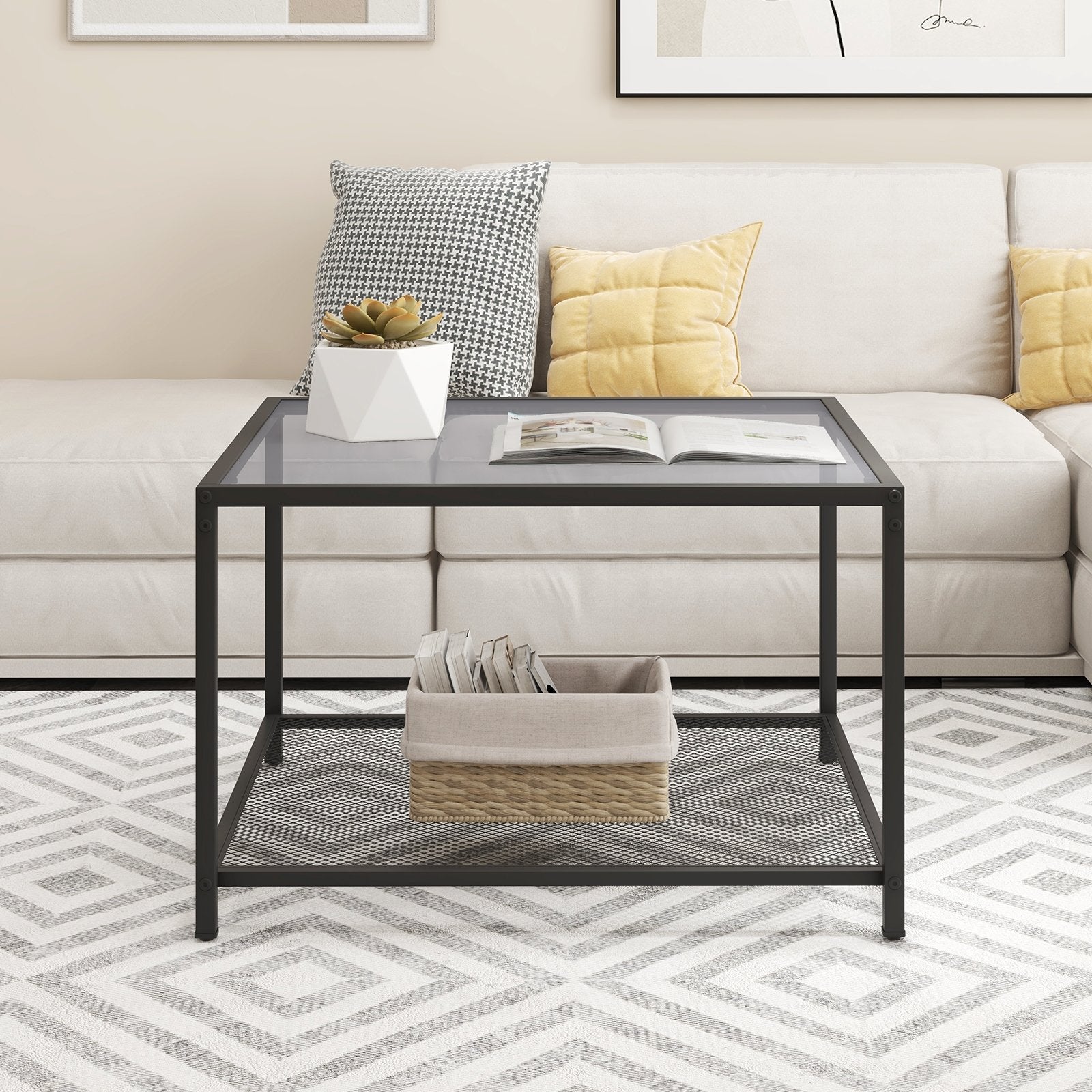 Modern 2-Tier Square Glass Coffee Table with Mesh Shelf, Gray Coffee Tables   at Gallery Canada