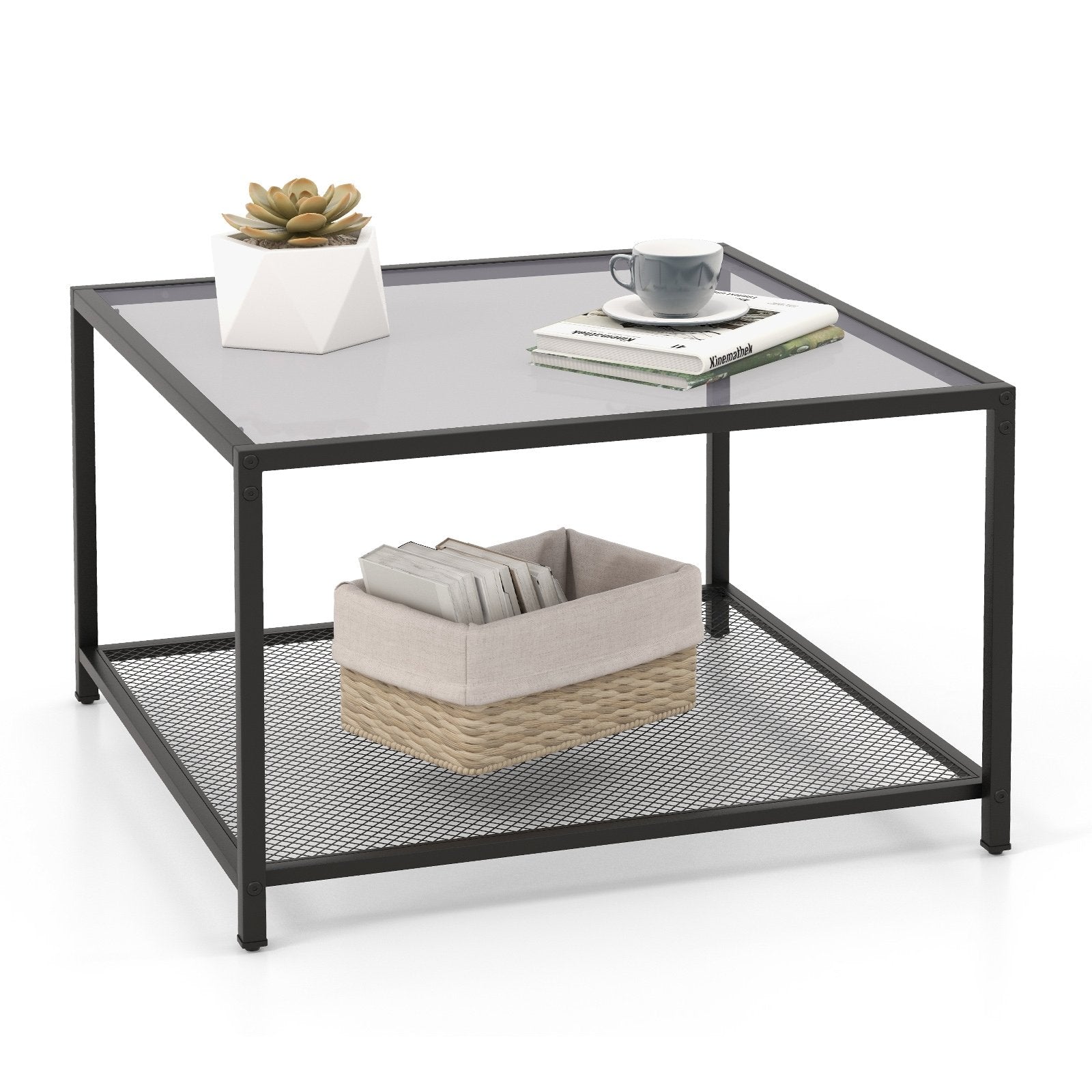 Modern 2-Tier Square Glass Coffee Table with Mesh Shelf, Gray Coffee Tables   at Gallery Canada