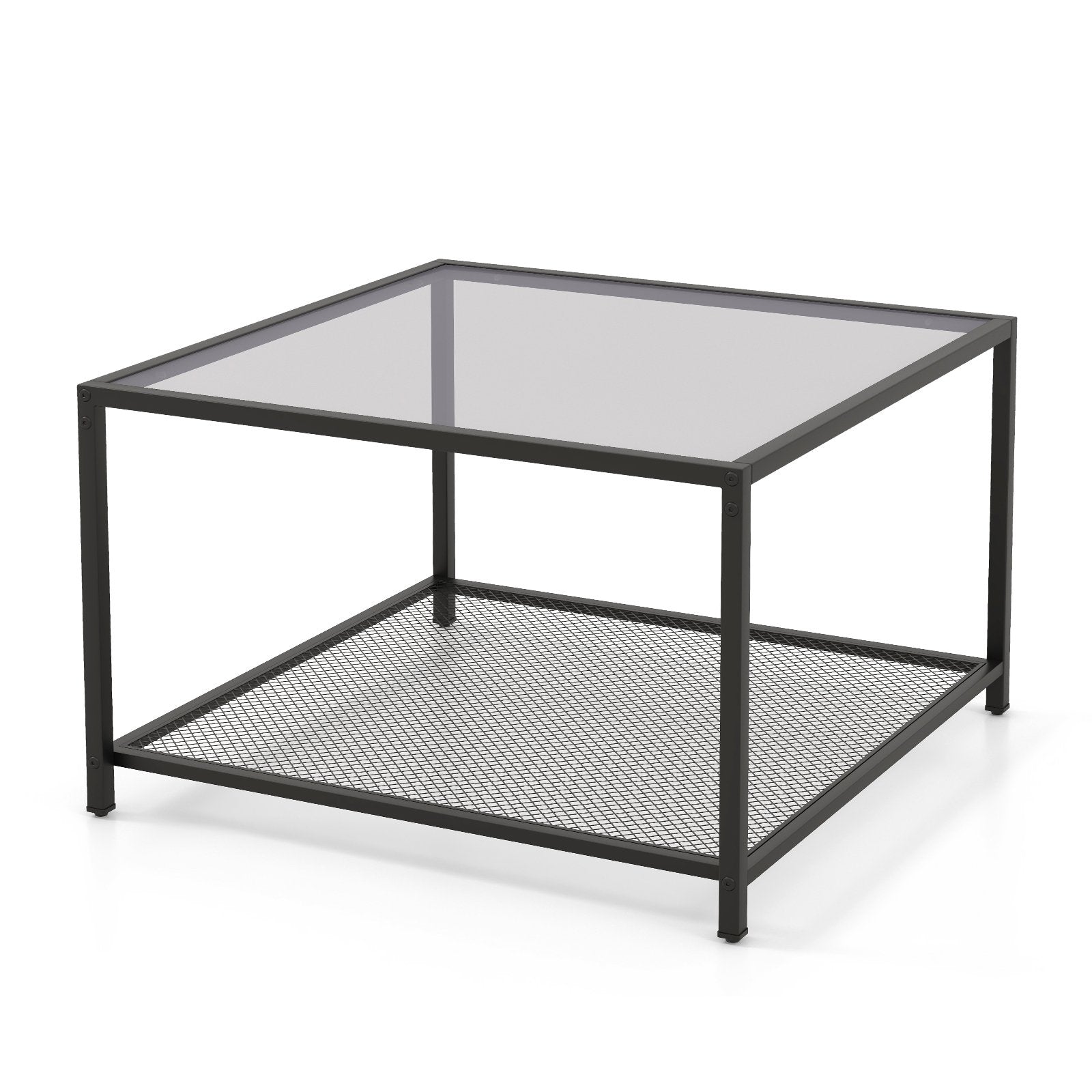 Modern 2-Tier Square Glass Coffee Table with Mesh Shelf, Gray Coffee Tables   at Gallery Canada