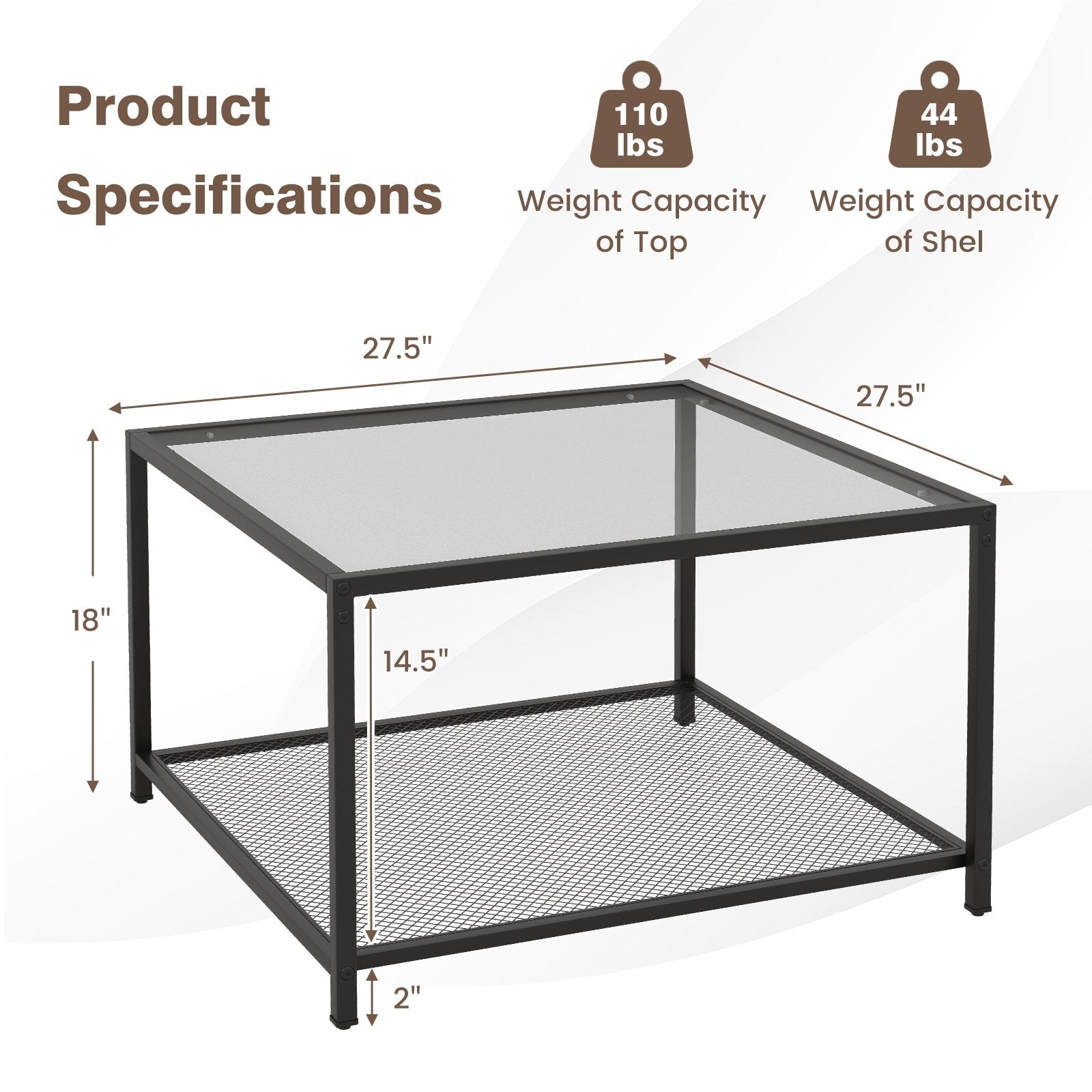 Modern 2-Tier Square Glass Coffee Table with Mesh Shelf, Gray Coffee Tables   at Gallery Canada