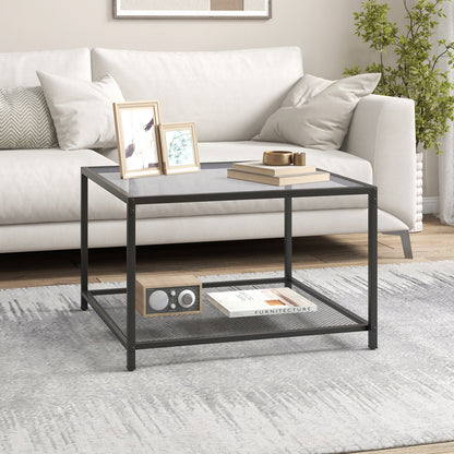 Modern 2-Tier Square Glass Coffee Table with Mesh Shelf, Gray Coffee Tables   at Gallery Canada