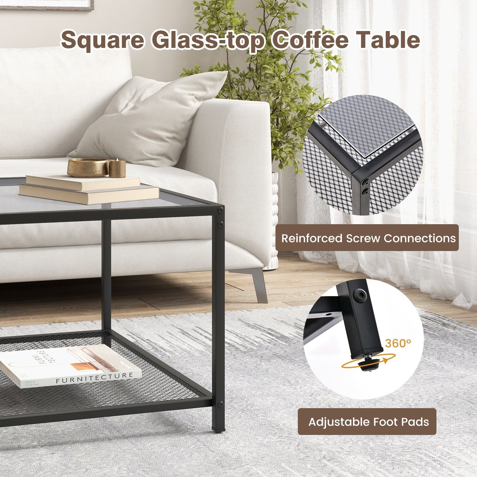 Modern 2-Tier Square Glass Coffee Table with Mesh Shelf, Gray Coffee Tables   at Gallery Canada