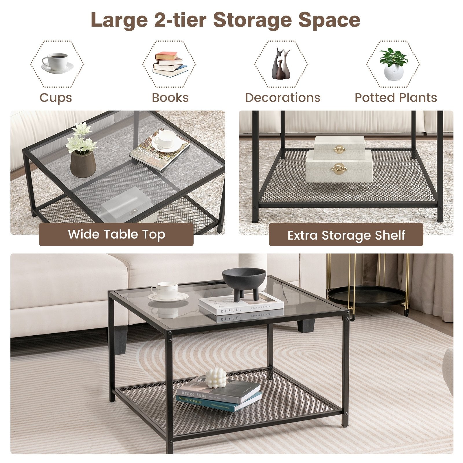 Modern 2-Tier Square Glass Coffee Table with Mesh Shelf, Gray Coffee Tables   at Gallery Canada