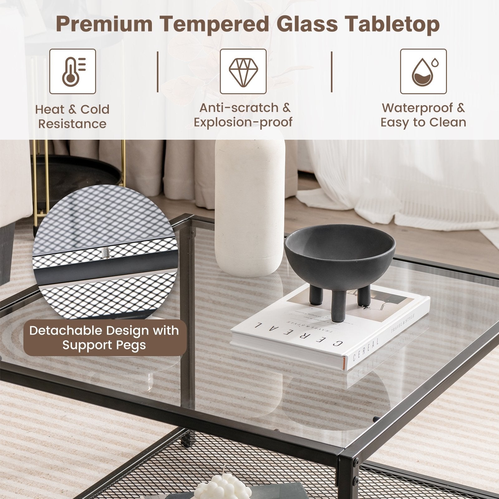 Modern 2-Tier Square Glass Coffee Table with Mesh Shelf, Gray Coffee Tables   at Gallery Canada