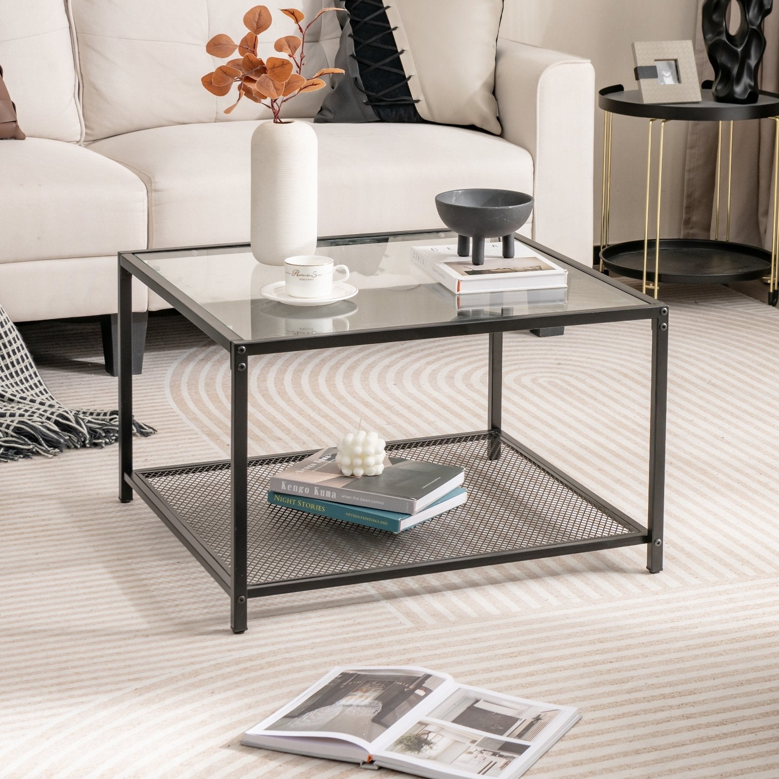 Modern 2-Tier Square Glass Coffee Table with Mesh Shelf, Transparent Coffee Tables   at Gallery Canada