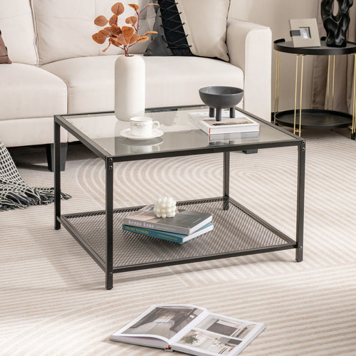 Modern 2-Tier Square Glass Coffee Table with Mesh Shelf, Transparent