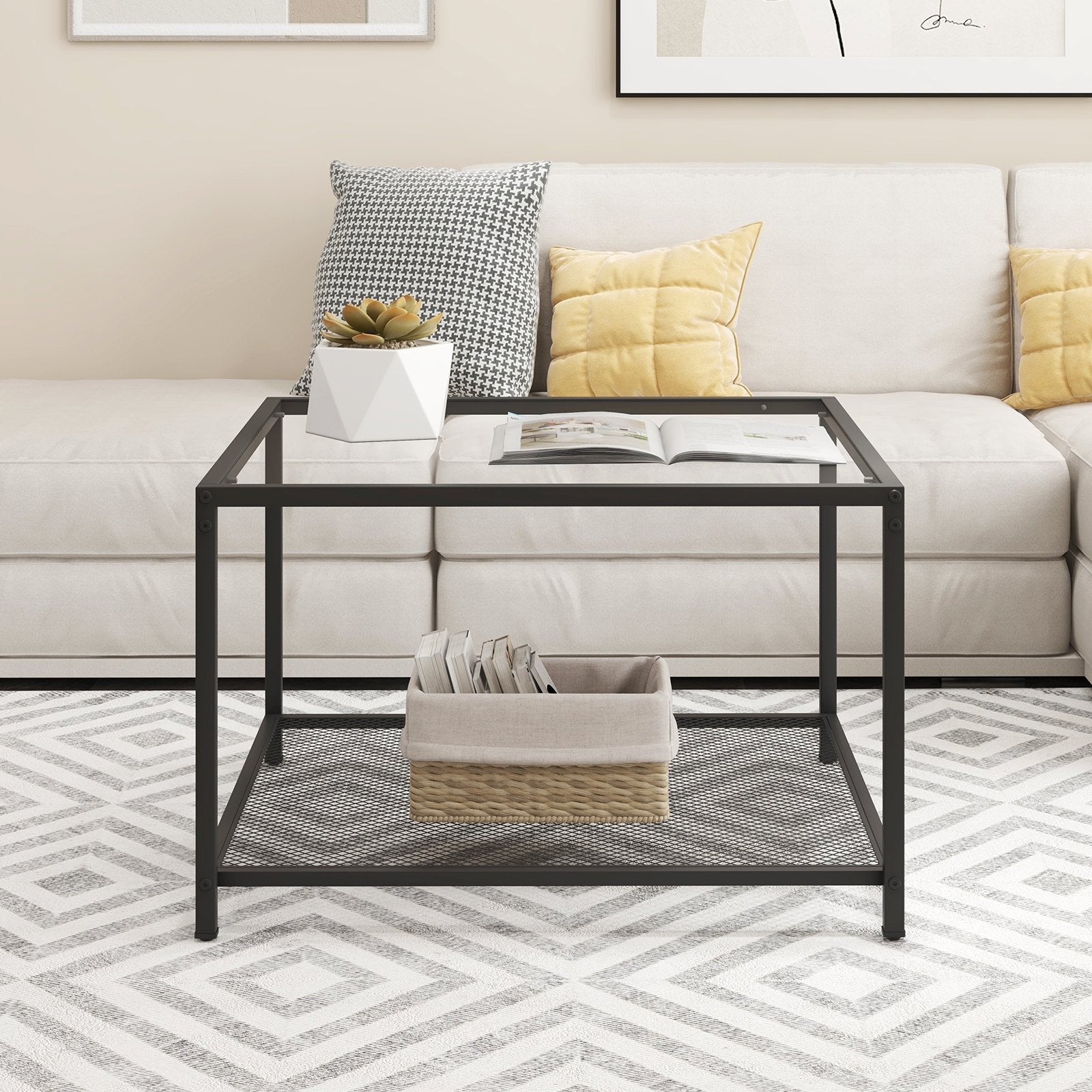 Modern 2-Tier Square Glass Coffee Table with Mesh Shelf, Transparent Coffee Tables   at Gallery Canada