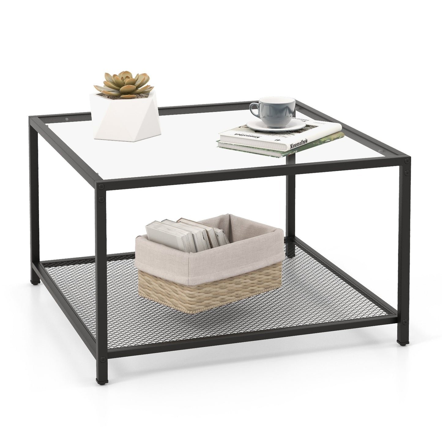 Modern 2-Tier Square Glass Coffee Table with Mesh Shelf, Transparent Coffee Tables   at Gallery Canada