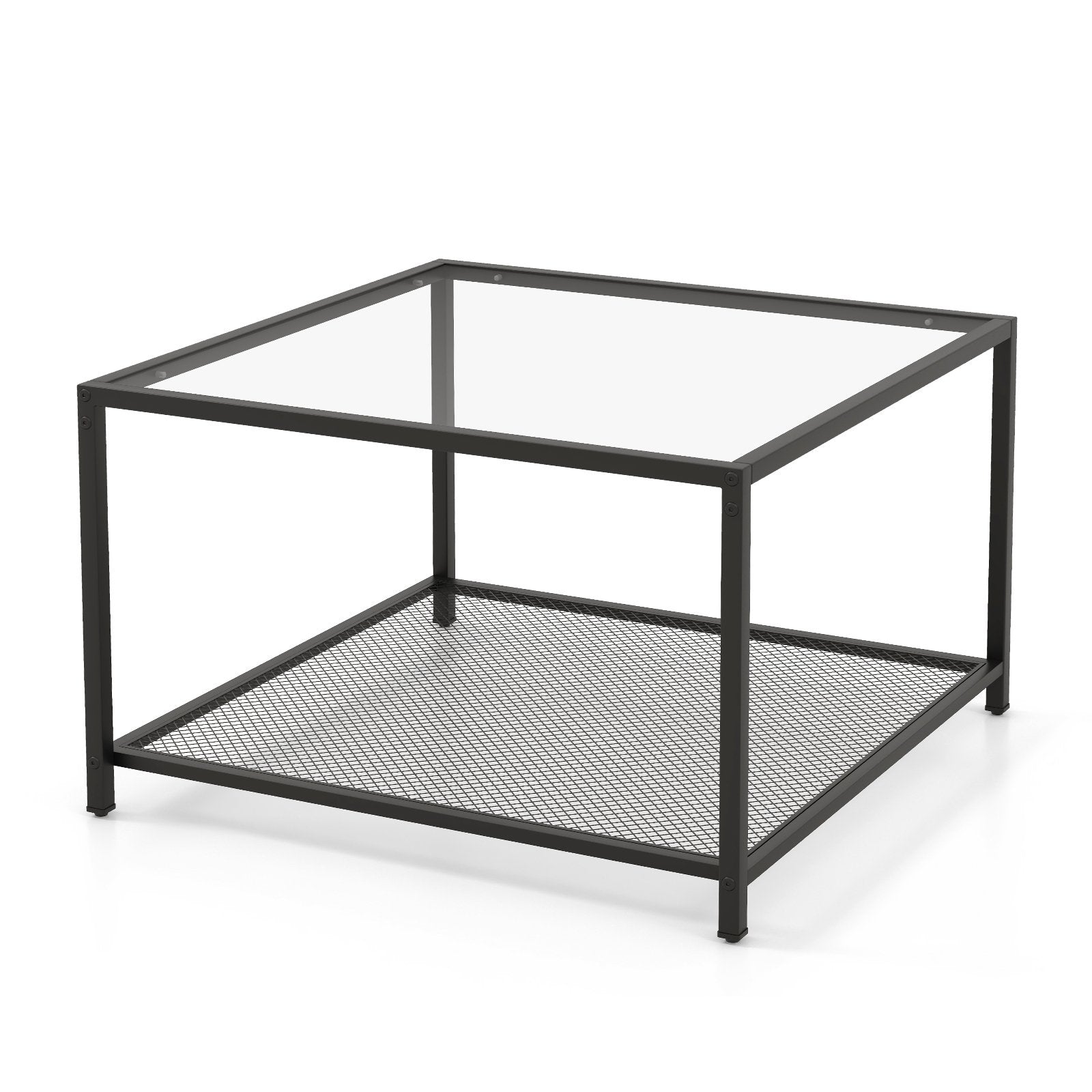 Modern 2-Tier Square Glass Coffee Table with Mesh Shelf, Transparent Coffee Tables   at Gallery Canada