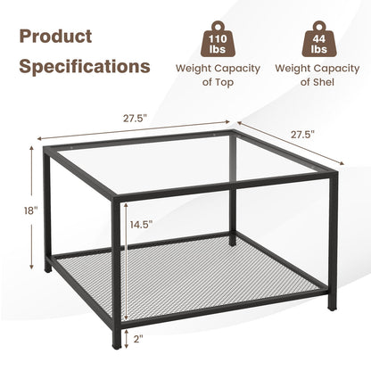 Modern 2-Tier Square Glass Coffee Table with Mesh Shelf, Transparent Coffee Tables   at Gallery Canada