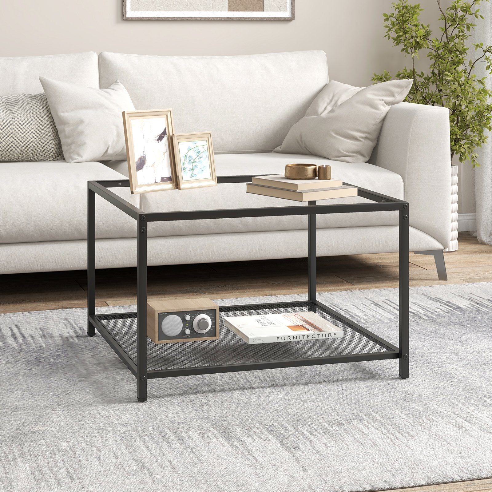 Modern 2-Tier Square Glass Coffee Table with Mesh Shelf, Transparent Coffee Tables   at Gallery Canada