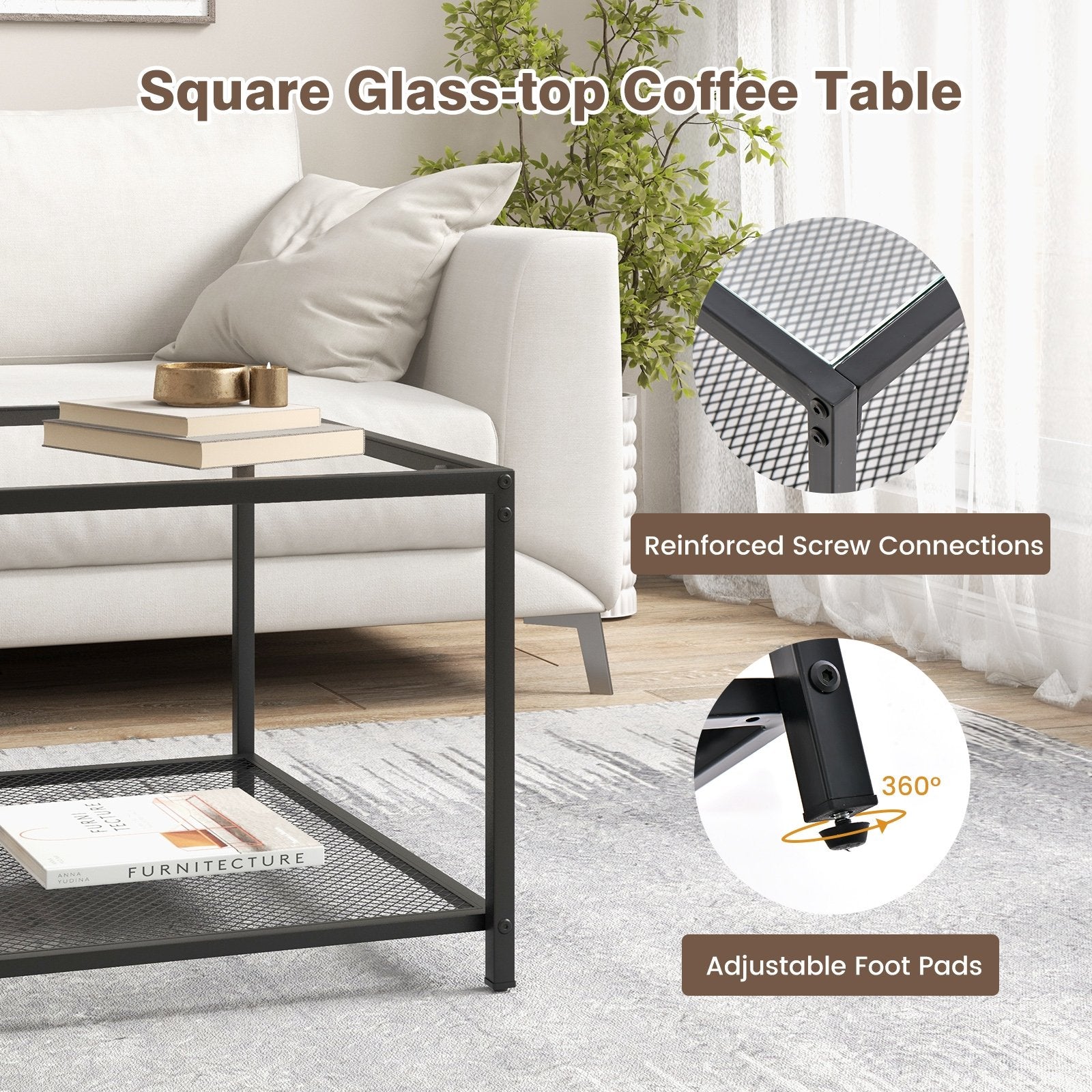 Modern 2-Tier Square Glass Coffee Table with Mesh Shelf, Transparent Coffee Tables   at Gallery Canada