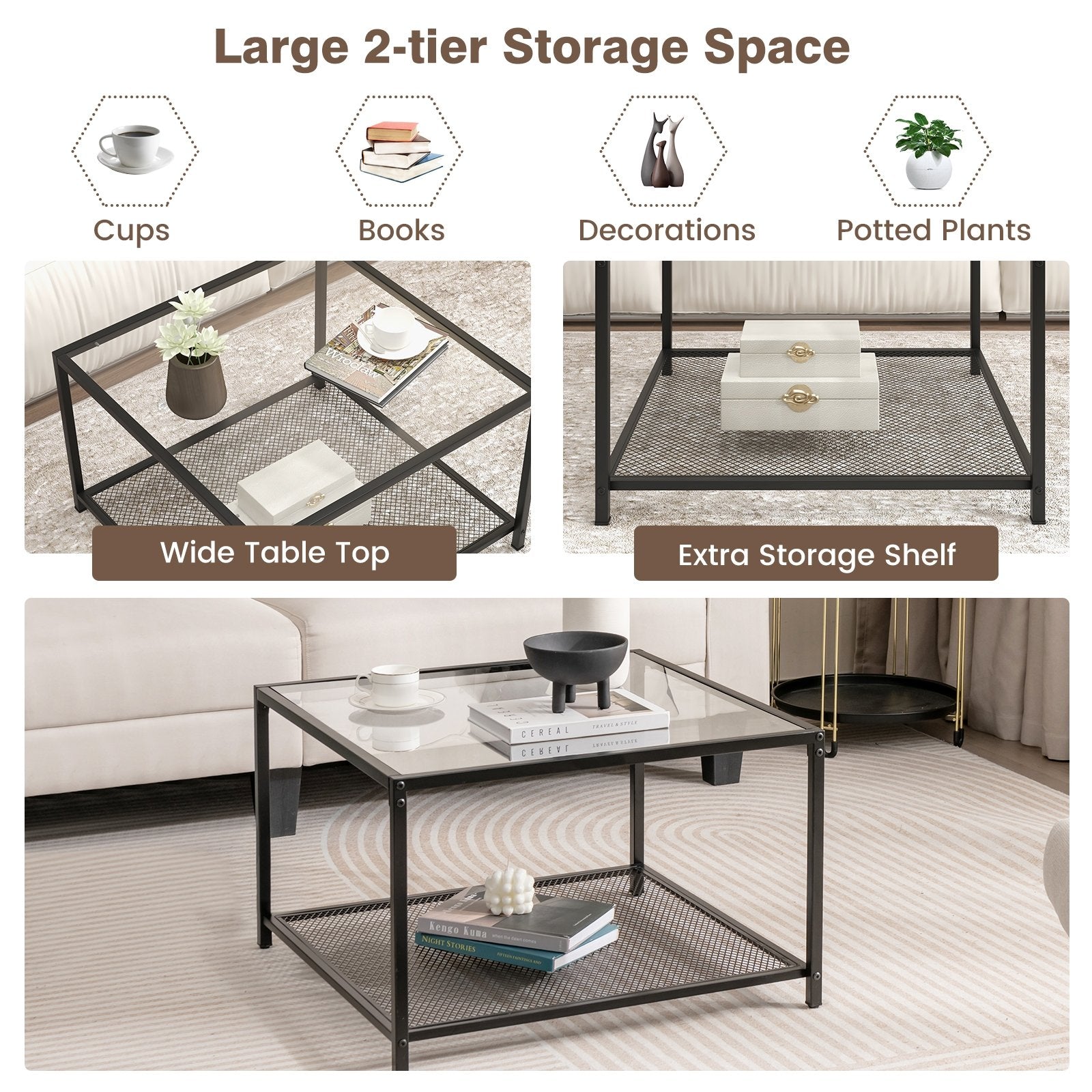 Modern 2-Tier Square Glass Coffee Table with Mesh Shelf, Transparent Coffee Tables   at Gallery Canada